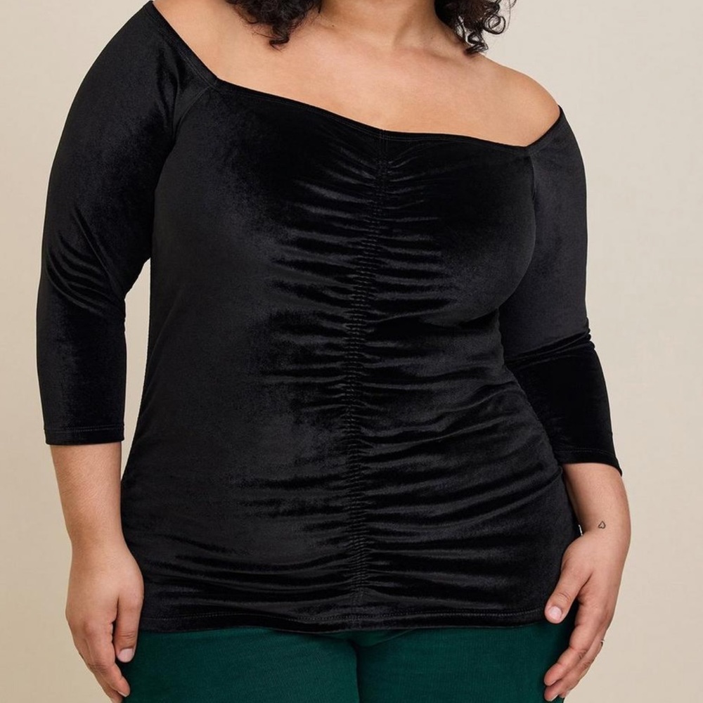 Stretch Velvet Shirred Front Off The Shoulder Top